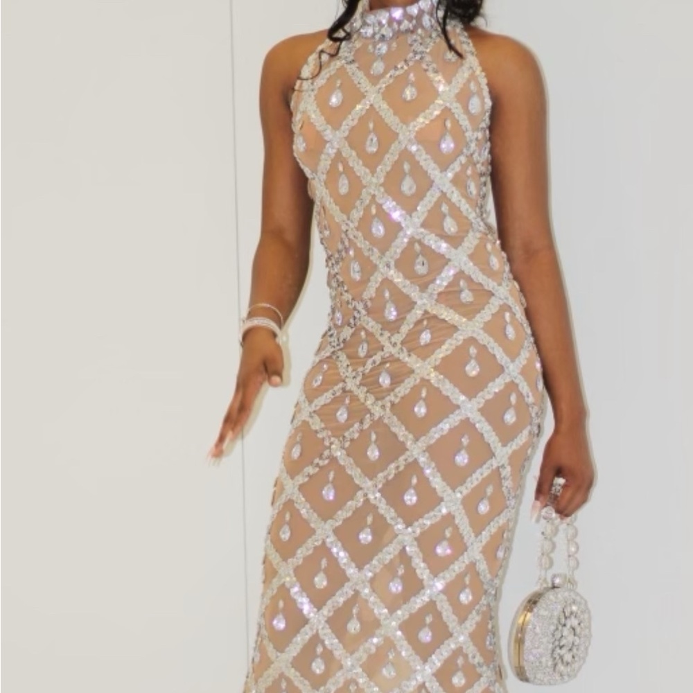 Silver Stones Brown Mesh Dress Halter Sleeveless Evening Dress